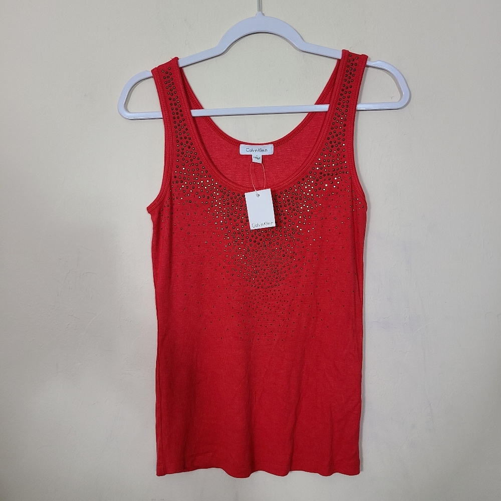 Calvin Klein Womens S Red Embellished Tank‎ Top Studded Holdiay Festive Romantic
